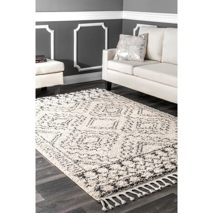 Adry Moroccan Shag Tasseled Cream/Charcoal Area Rug Union Rustic Rug Size: Rectangle 9'2" x 12'