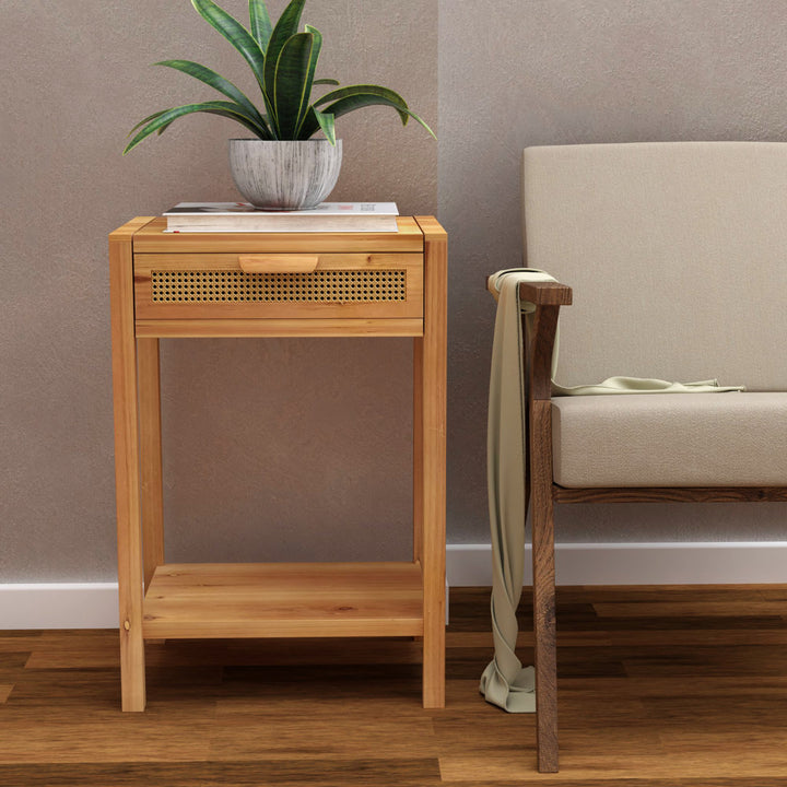 Armands Modern Minimalism Nightstand End Table Side Table with Woven Pattern Drawer and Shelf Union Rustic Color: Light Brown