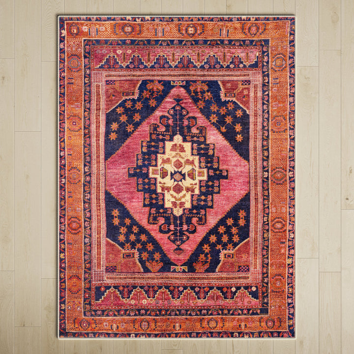 Westlake Machine Washable Oriental Dark Blue/Rose Area Rug Birch Lane™ Rug Size: Rectangle 5'3" x 7'3"