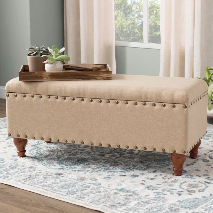 Collantes Upholstered Storage Bench Alcott Hill® Upholstery: Tan/Brushed Brass Nailhead
