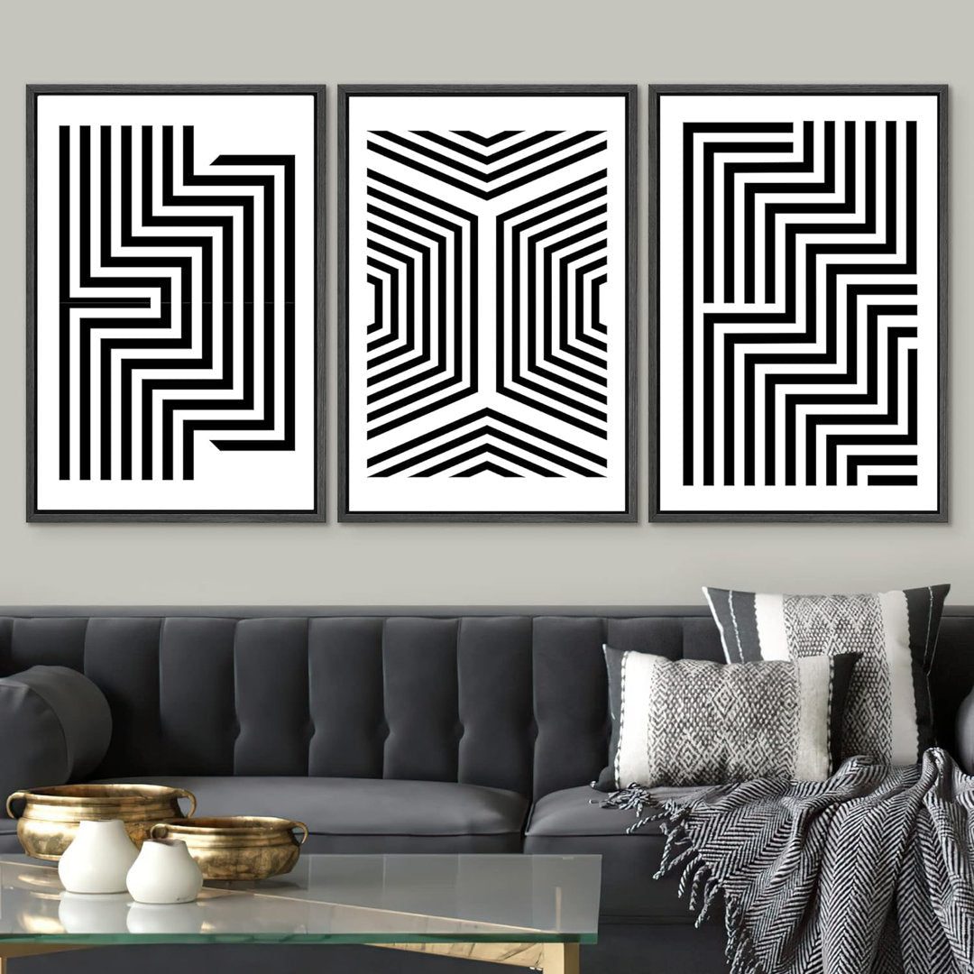" Black And White Stripes And Lines Geometric Patterns Abstract Shape Illustration Modern Art Chic " 3 - Pieces on Canvas wall26 Overall Size: 36" H x 24" W x 1.5" D Format: Black