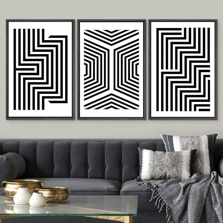 " Black And White Stripes And Lines Geometric Patterns Abstract Shape Illustration Modern Art Chic " 3 - Pieces on Canvas wall26 Overall Size: 36" H x 24" W x 1.5" D Format: Black