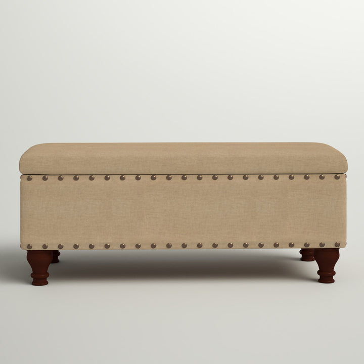 Collantes Upholstered Storage Bench Alcott Hill® Upholstery: Tan/Brushed Brass Nailhead