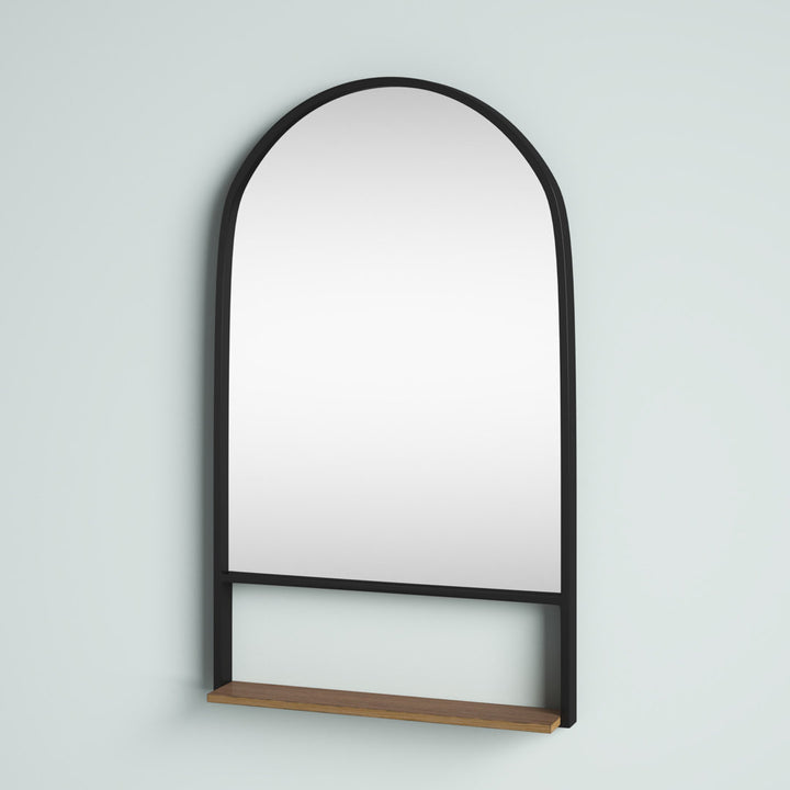 Alphonia 24.0"L x 3.9"W x 40.0"H Black Metal Frame W/ Brown Wooden Shelf Arched Wall Mirror Latitude Run®