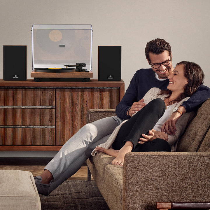 Angelshorn Stereo Decorative Record Player With Built-in Phono Preamp And Belt Drive Turntable, 2-speed Vinyl Record Player With 2 Pcs Bluetooth Bookshelf Speakers, Walnut ANGELSHORN