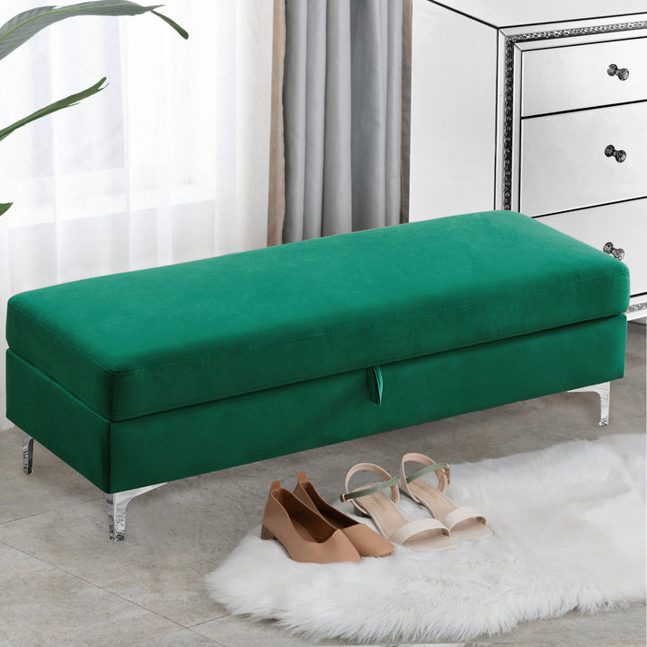 Taquarius 56" Velvet Upholstered Flip Top Storage Bench with Metal Legs Everly Quinn Color: Green