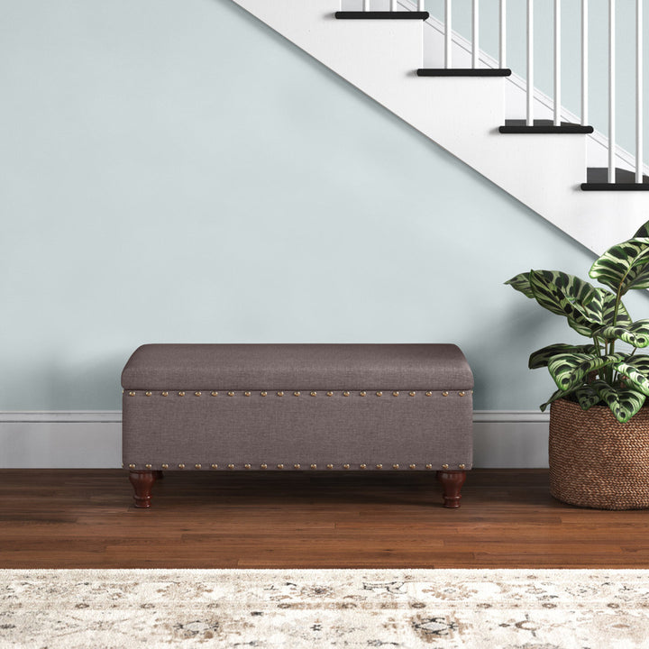 Collantes Upholstered Storage Bench Alcott Hill® Upholstery: Grey/Brushed Brass Nailhead