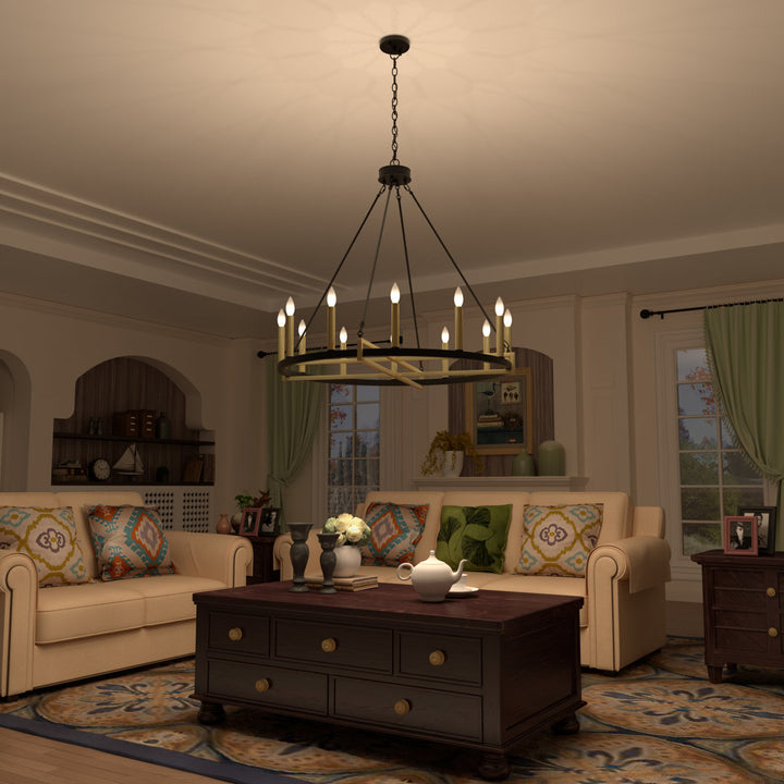 Avalee 12 - Light Living Room Steel Dimmable Wagon Wheel Chandelier UL Certified Lark Manor™ Finish: Classic Black/Contemporary Brass
