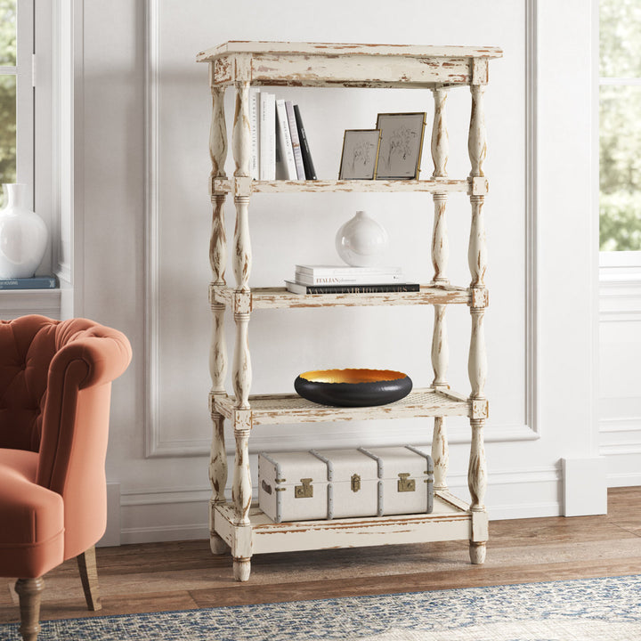 Adella White Wood Distressed Open 5 Shelf Shelving Unit with Spindle Sides and Mesh Kelly Clarkson Home