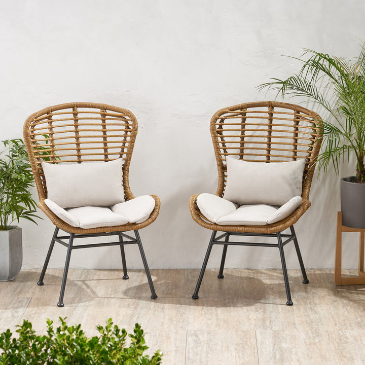 Frazer Patio Chair with Cushions (Set of 2) Mistana™ Frame Color: Light Brown Frame, Cushion Color: Beige