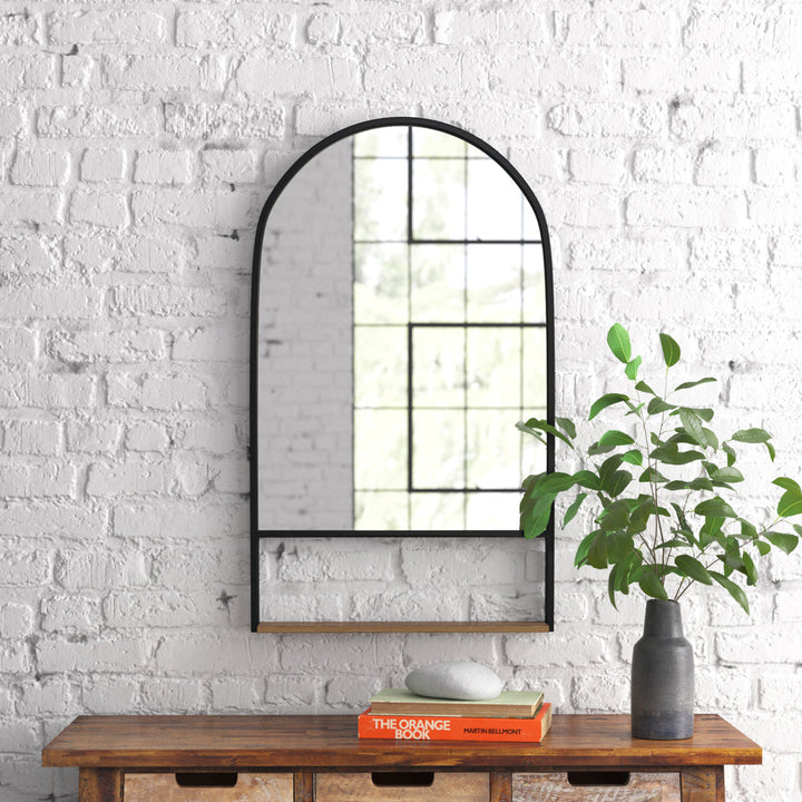 Alphonia 24.0"L x 3.9"W x 40.0"H Black Metal Frame W/ Brown Wooden Shelf Arched Wall Mirror Latitude Run®