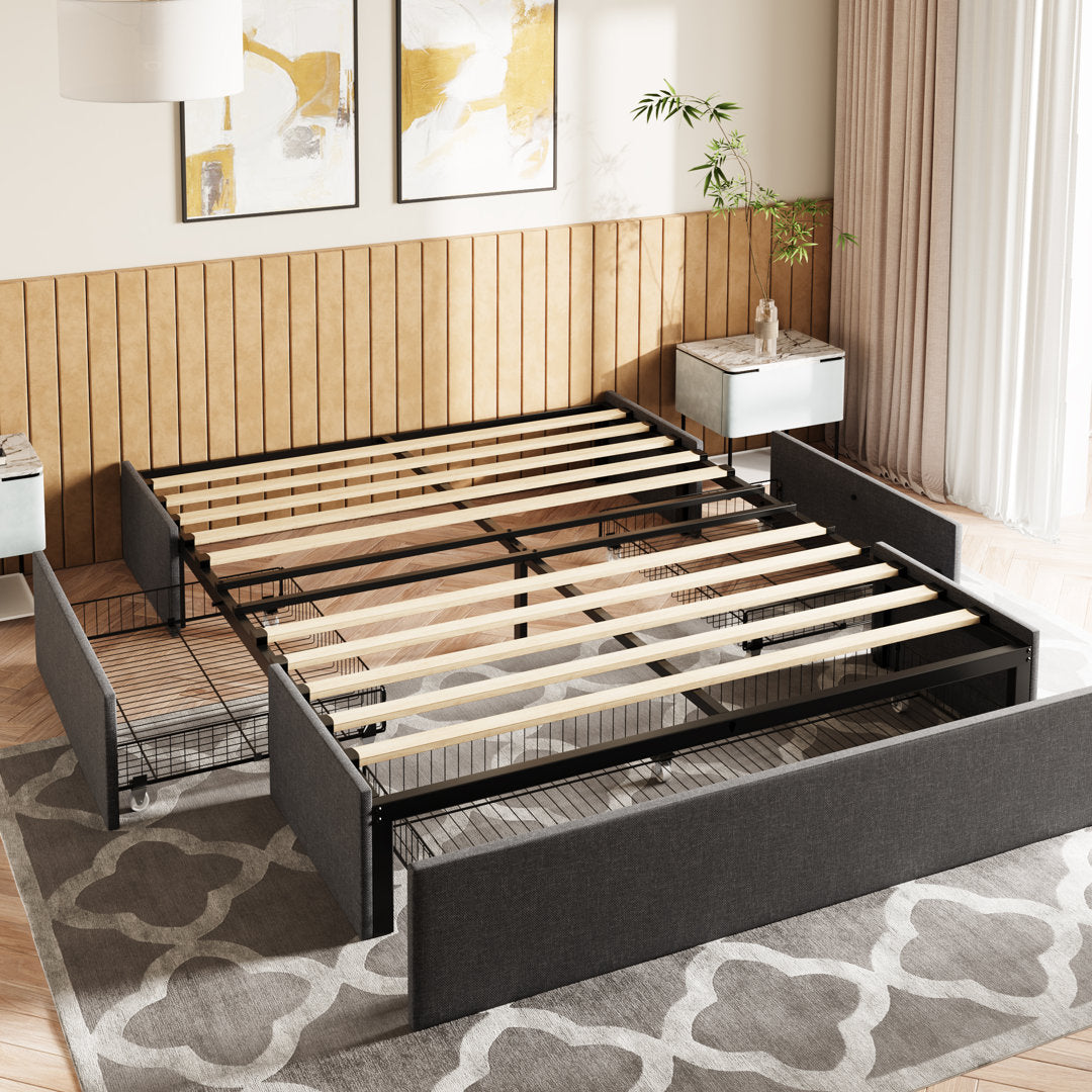 Platform Bed With Storage, 3 Large Drawers On Wheels, Fabric Upholstered Platform Bed, No Box Spring Needed, Solid Wood Slats Support, Easy Assembly, Dark Grey Latitude Run® Size: Full/Double