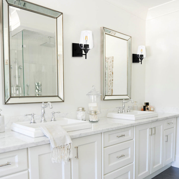 Herriman 1 - Light Dimmable Armed Sconce Ebern Designs Shade Color: Clear Finish: Matte Black
