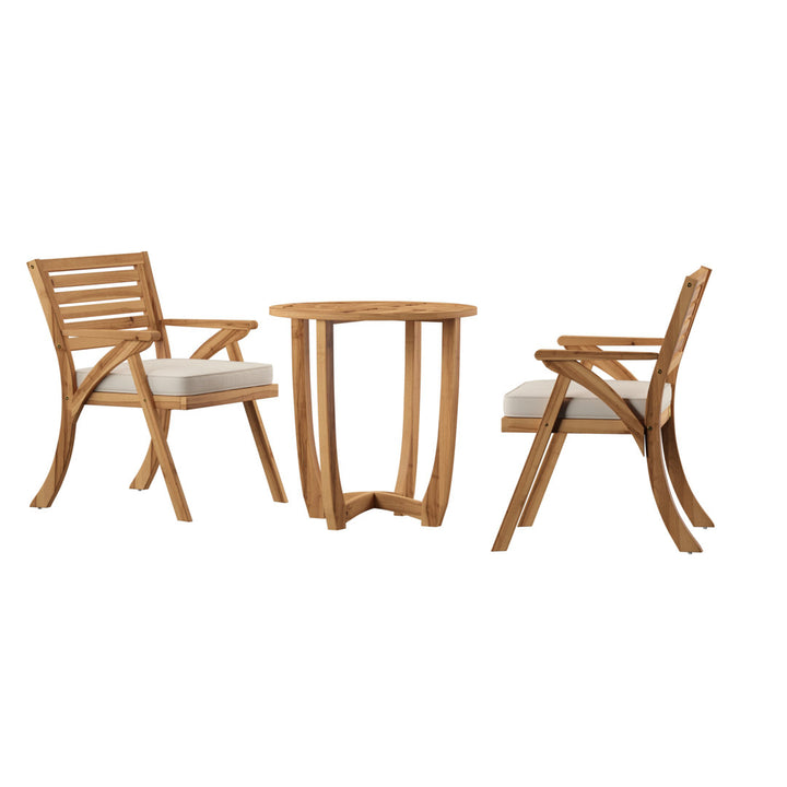 Round 2 - Person 28" Long Bistro Set with Cushions Red Barrel Studio® Frame Color/Cushion Color: Teak Frame/Cream Cushion