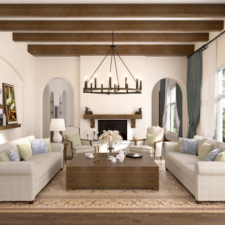 Avalee 12 - Light Living Room Steel Dimmable Wagon Wheel Chandelier UL Certified Lark Manor™ Finish: Weathered Walnut/Antique Zinc