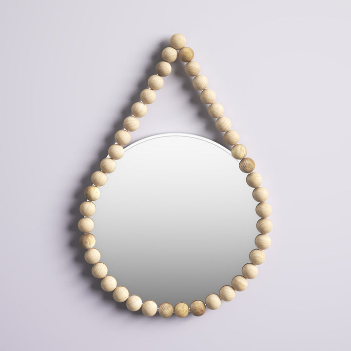 36" Beaded Round Mirror Contemporary Boho Coastal White and Natural Hanging Wooden Wall Mirror Decor Mistana™ Teen
