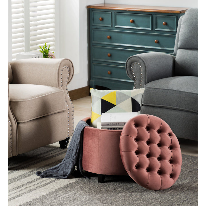 Doud 20" Wide Velvet Tufted Round Storage Ottoman Willa Arlo™ Interiors Fabric: Pink Velvet