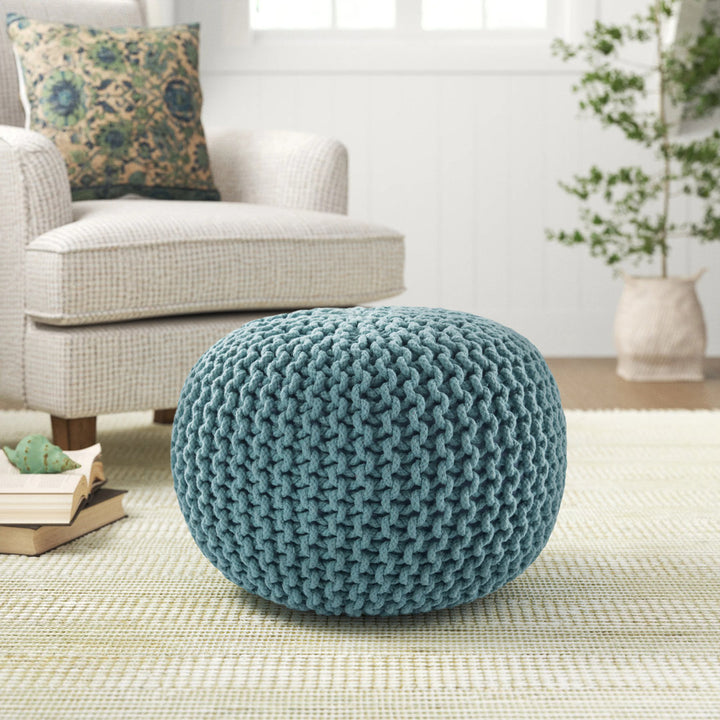 Anely 20" Wide Round Pouf Ottoman Highland Dunes Body Fabric: Aqua Cotton