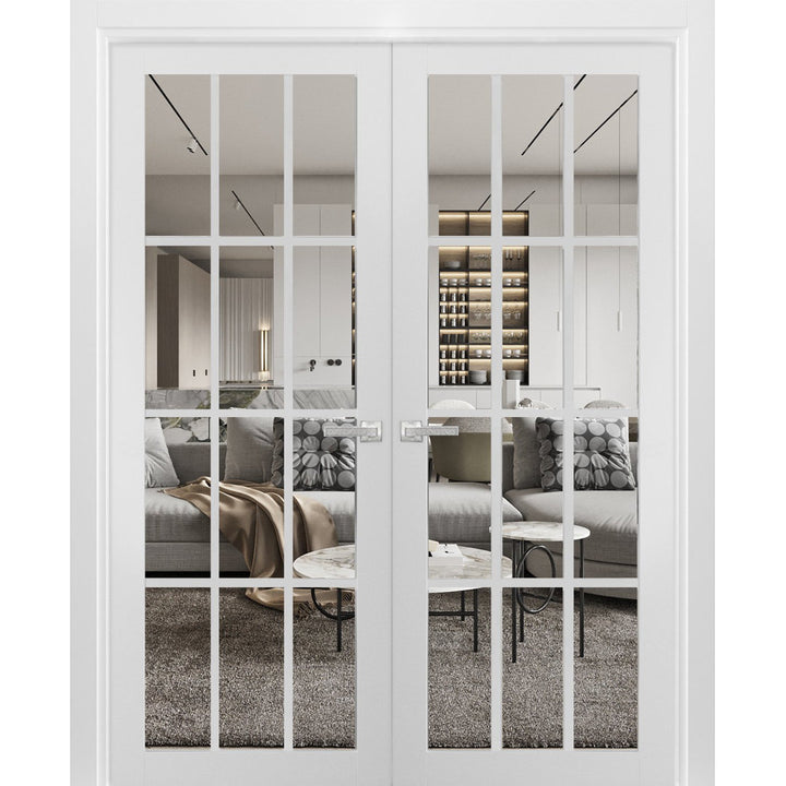 Felicia Clear Glass French White Doors with Installation Hardware Kit SARTODOORS Size: 84" x 84"