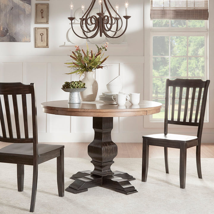 Fortville Rubberwood Solid Wood Pedestal Dining Table Three Posts™ Base Color: Antique Black