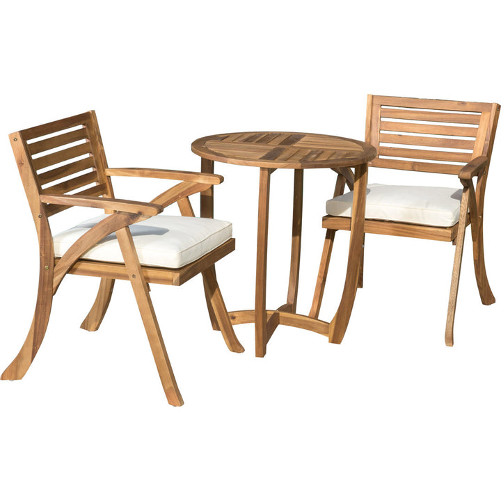 Round 2 - Person 28" Long Bistro Set with Cushions Red Barrel Studio® Frame Color/Cushion Color: Teak Frame/Cream Cushion