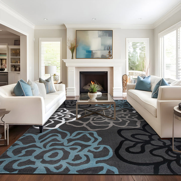 Carius Performance Floral Gray/Blue/Black/White Area Rug Winston Porter Rug Size: Rectangle 7'10" x 10'2"