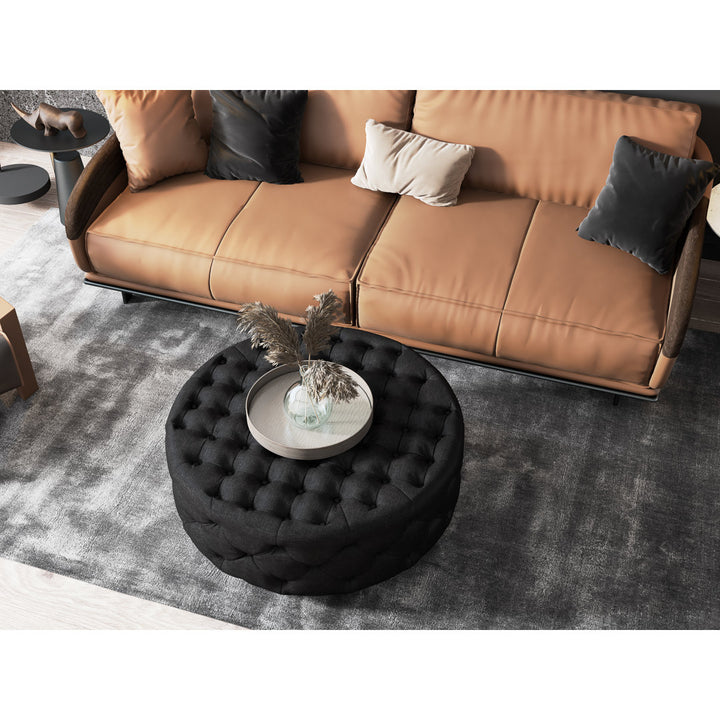 Armenio Round Ottoman - 17" H x 45" W x 45" D Lark Manor™ Fabric: Black Polyester Blend