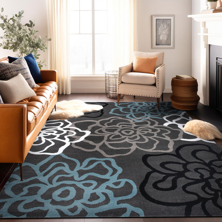 Carius Performance Floral Gray/Blue/Black/White Area Rug Winston Porter Rug Size: Rectangle 6'6" x 9'