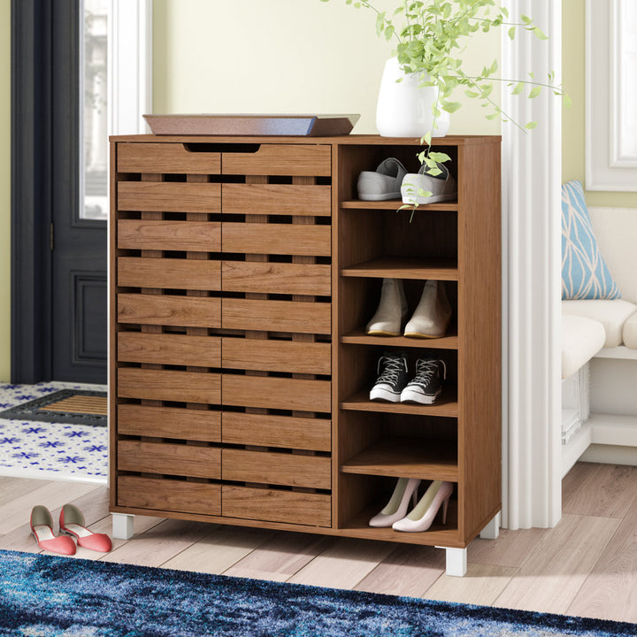 Shirley Modern and Contemporary 2 Door Wood 18 Pair Shoe Cabinet with Open Shelves Ebern Designs
