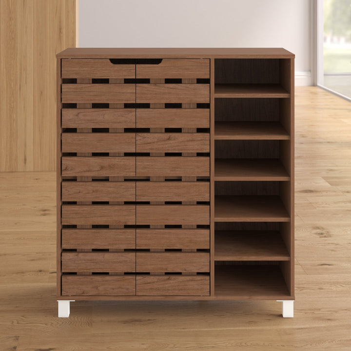 Shirley Modern and Contemporary 2 Door Wood 18 Pair Shoe Cabinet with Open Shelves Ebern Designs