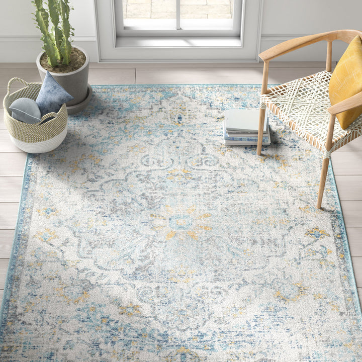 Hillsby Oriental Ivory Cream/Teal/Yellow Area Rug Mistana™ Rug Size: Rectangle 6'7" x 9'
