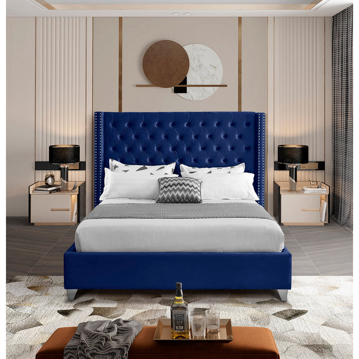 Joclynn Solid Wood Tufted Upholstered Low Profile Platform Bed Everly Quinn Color: Navy Velvet Size: Queen Nailhead Finish: Chrome