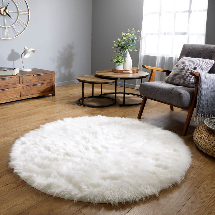 Kayzlynn Shag Faux Sheepskin White Rug Everly Quinn Rug Size: Round 3'