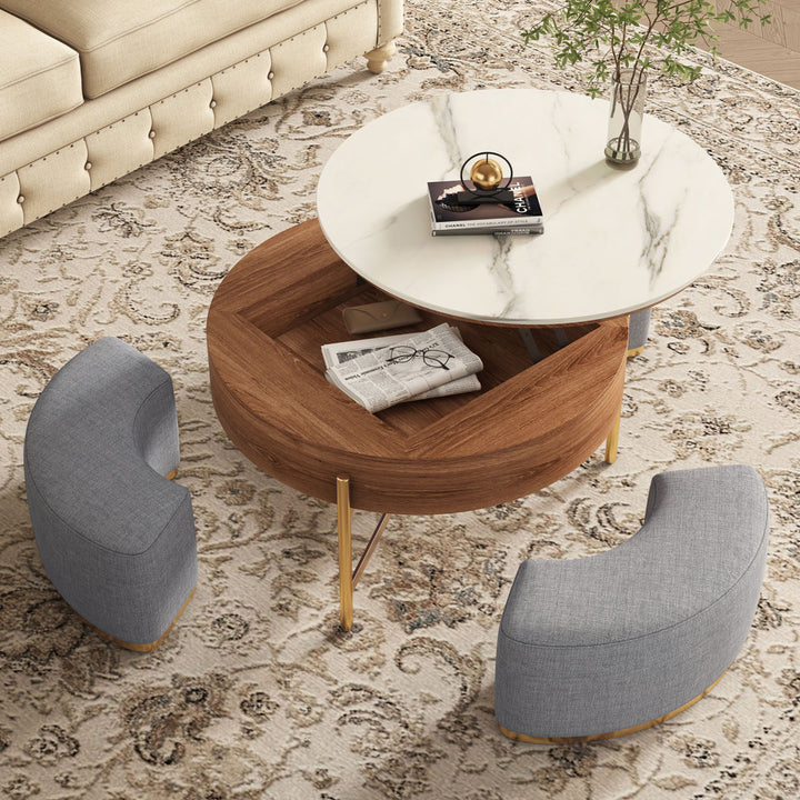 Zinna Lift Top Round Coffee Table Nesting Living Room Table with Storage 3 Stools Included Everly Quinn