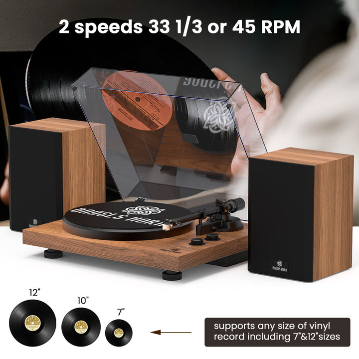 Angelshorn Stereo Decorative Record Player With Built-in Phono Preamp And Belt Drive Turntable, 2-speed Vinyl Record Player With 2 Pcs Bluetooth Bookshelf Speakers, Walnut ANGELSHORN