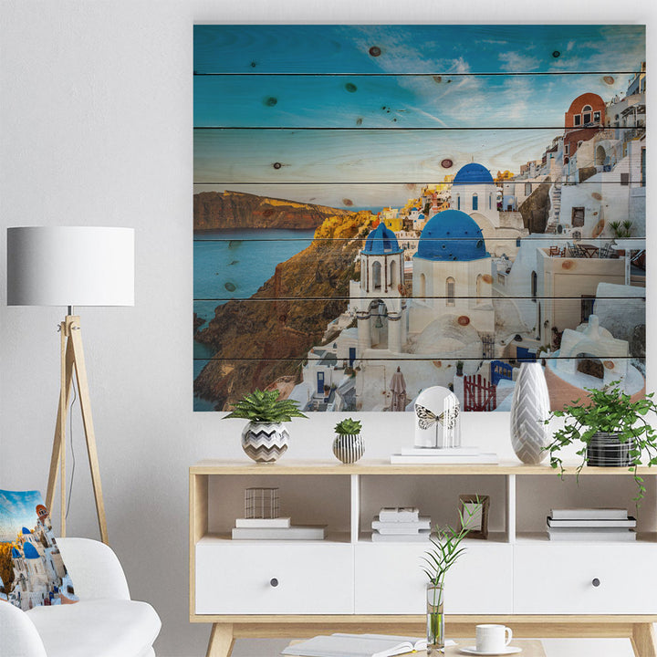 Beautiful Santorin Houses Greece' Photograph East Urban Home Size: 30" H x 40" W x 1.5" D Format: Metal