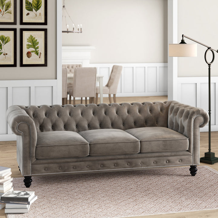 Ophelie 87" Rolled Arm Chesterfield Sofa Birch Lane™ Fabric: Smoke Grey Velvet
