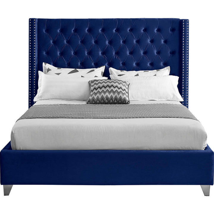 Joclynn Solid Wood Tufted Upholstered Low Profile Platform Bed Everly Quinn Color: Navy Velvet Size: Queen Nailhead Finish: Chrome