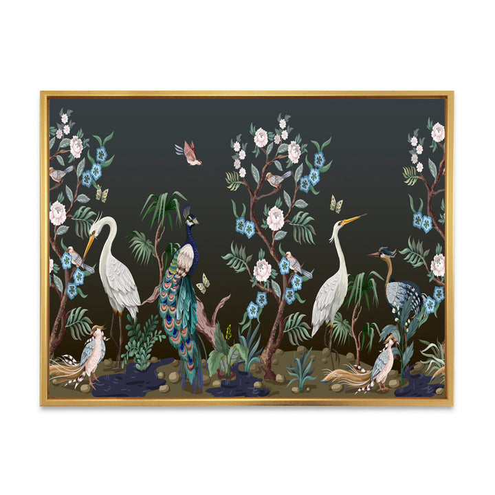 Chinoiserie with Birds and Peonies IV - Painting on Canvas East Urban Home Size: 24" H x 32" W x 1" D Format: Gold Floater Frame