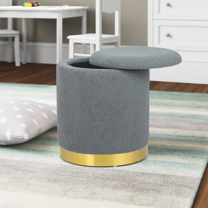 Teddy Fleece Round Ottoman With Stroage Mercer41 Body Fabric: Gray Faux Fur