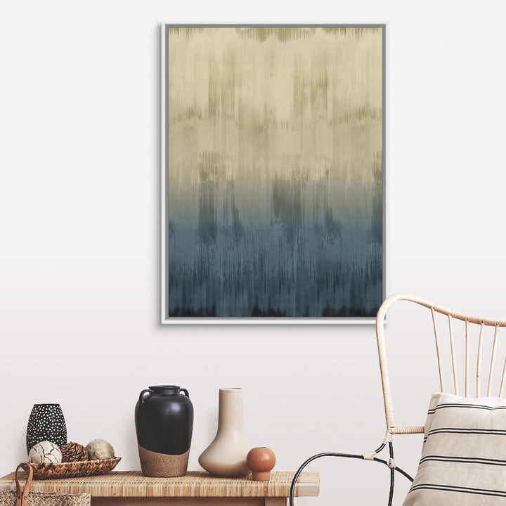 Abstract Drip Light Blue Tan by David Moore - Painting Print on Canvas Wrought Studio™ Size: 42" H x 32" W x 1.75" D Format: White Floater Framed Canvas