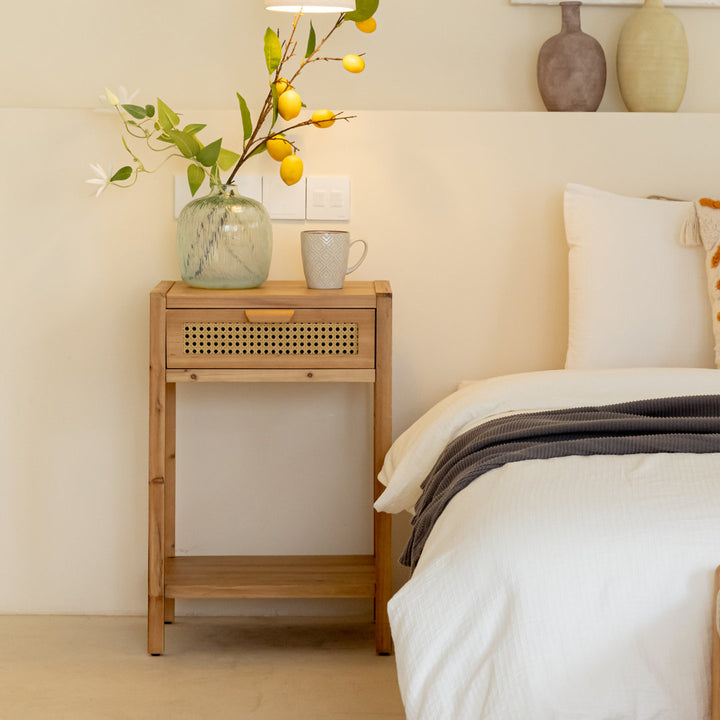 Armands Modern Minimalism Nightstand End Table Side Table with Woven Pattern Drawer and Shelf Union Rustic Color: Light Brown