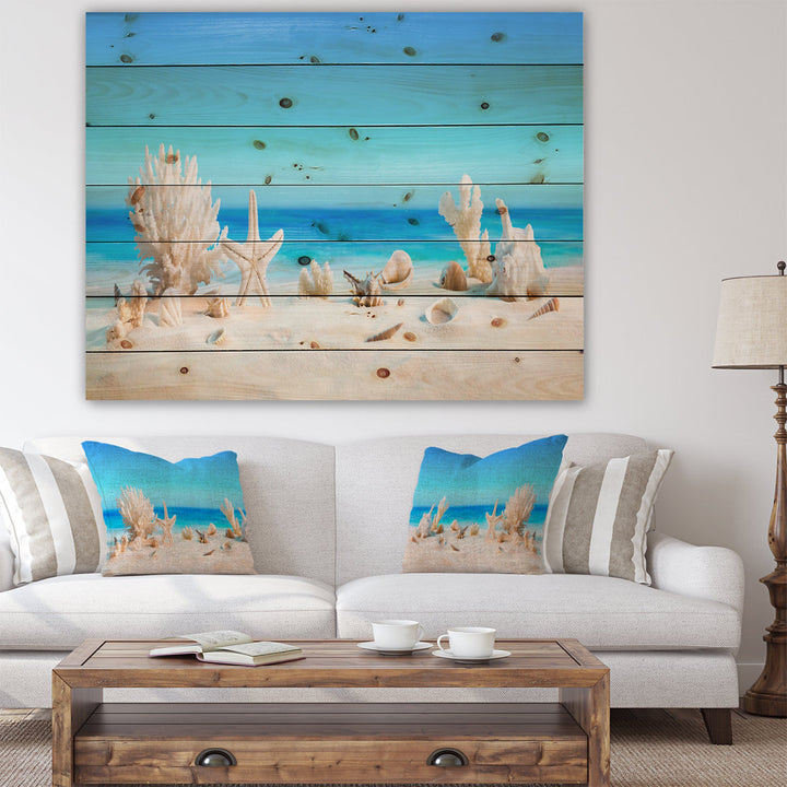 Risa Seashells on Tropical Beach' Graphic Art Highland Dunes Size: 30" H x 40" W x 1.5" D Format: Wood