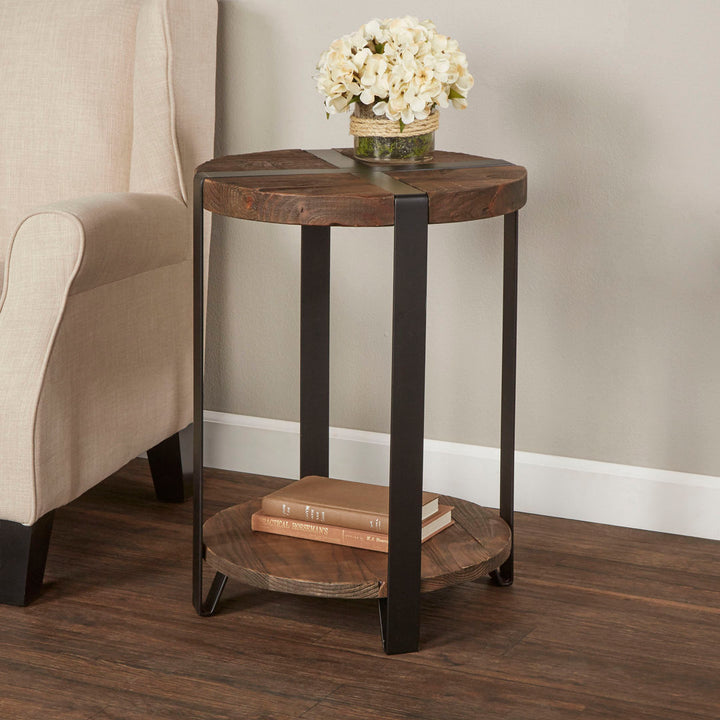 Lora 20" Dia Rustic Industrial Solid Wood and Metal Round End Table With 1 Shelf Birch Lane™