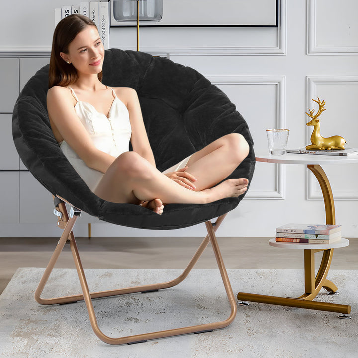 Foldable Round Saucer Chair Portable Dorm Chair Lounge Chair Accent Chair for Bedroom Living Room MoNiBloom Fabric: Black Synthetic Fur