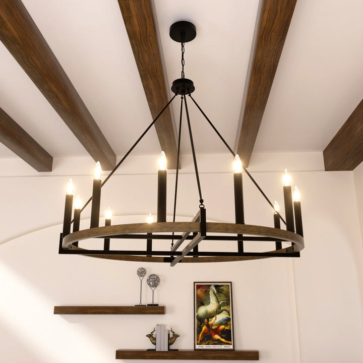 Avalee 12 - Light Living Room Steel Dimmable Wagon Wheel Chandelier UL Certified Lark Manor™ Finish: Weathered Walnut/Antique Zinc