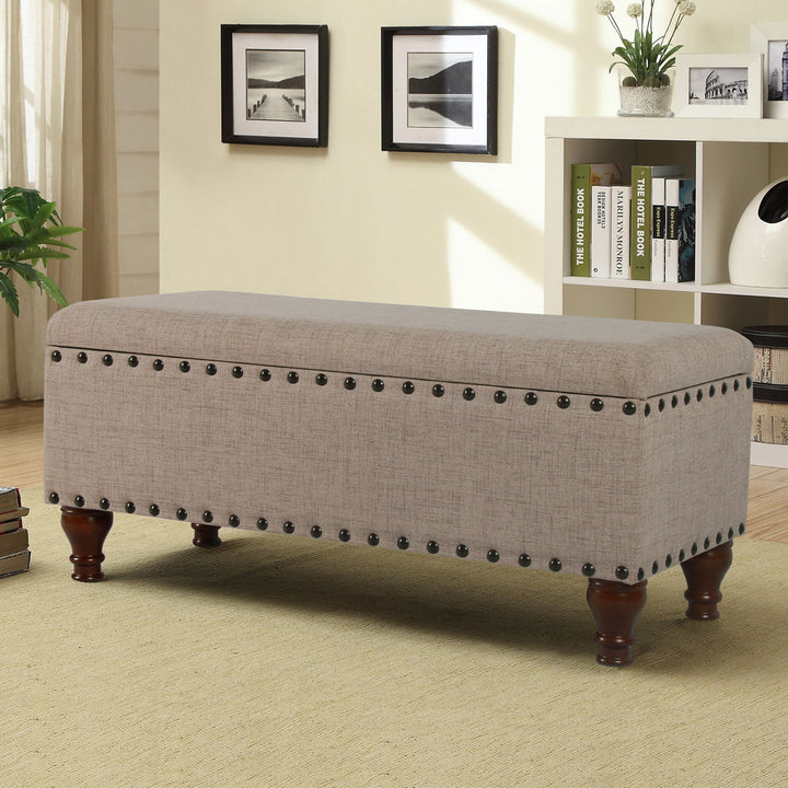 Collantes Upholstered Storage Bench Alcott Hill® Upholstery: Tan/Mottled Brown Nailhead