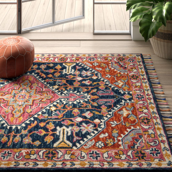 Carroll Oriental Hand Hooked Wool Navy/Orange/Gray Area Rug Joss & Main Rug Size: Rectangle 7'9" x 9'9"