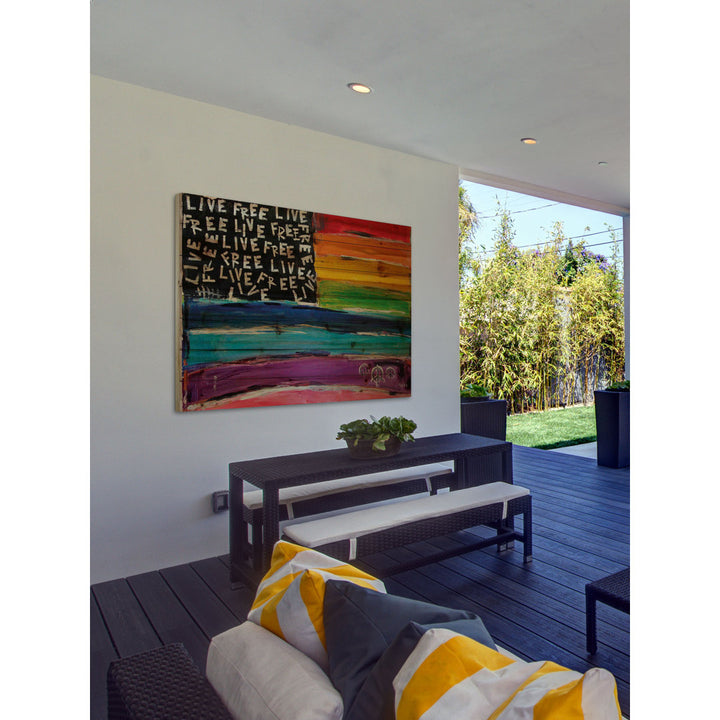 'Live Free Rainbow Flag' Painting Print on Natural Pine Wood Ebern Designs Size: 40" H x 60" W