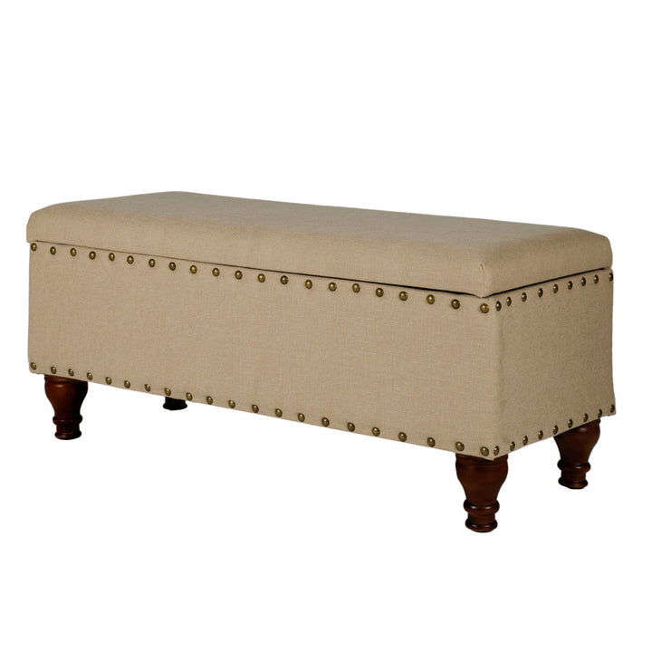 Collantes Upholstered Storage Bench Alcott Hill® Upholstery: Tan/Brushed Brass Nailhead